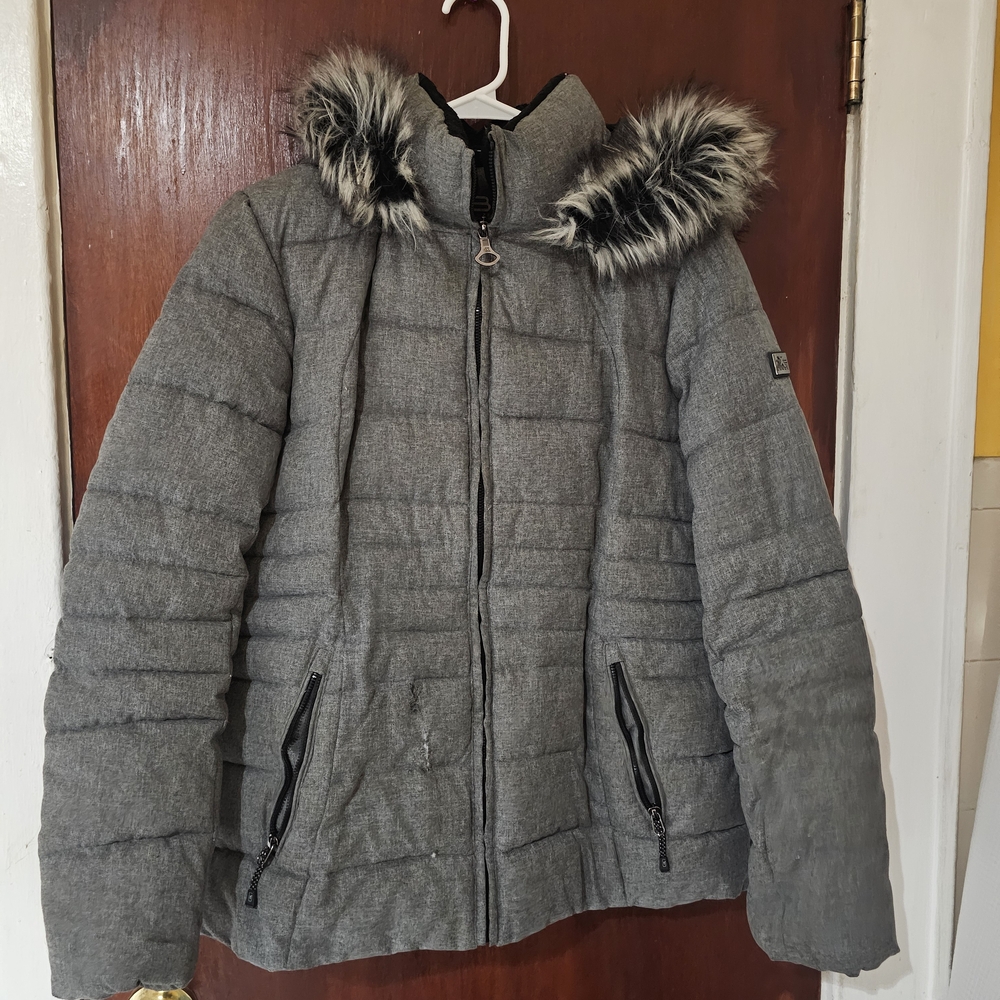 Gray Puffer Jacket with Faux Fur Hood